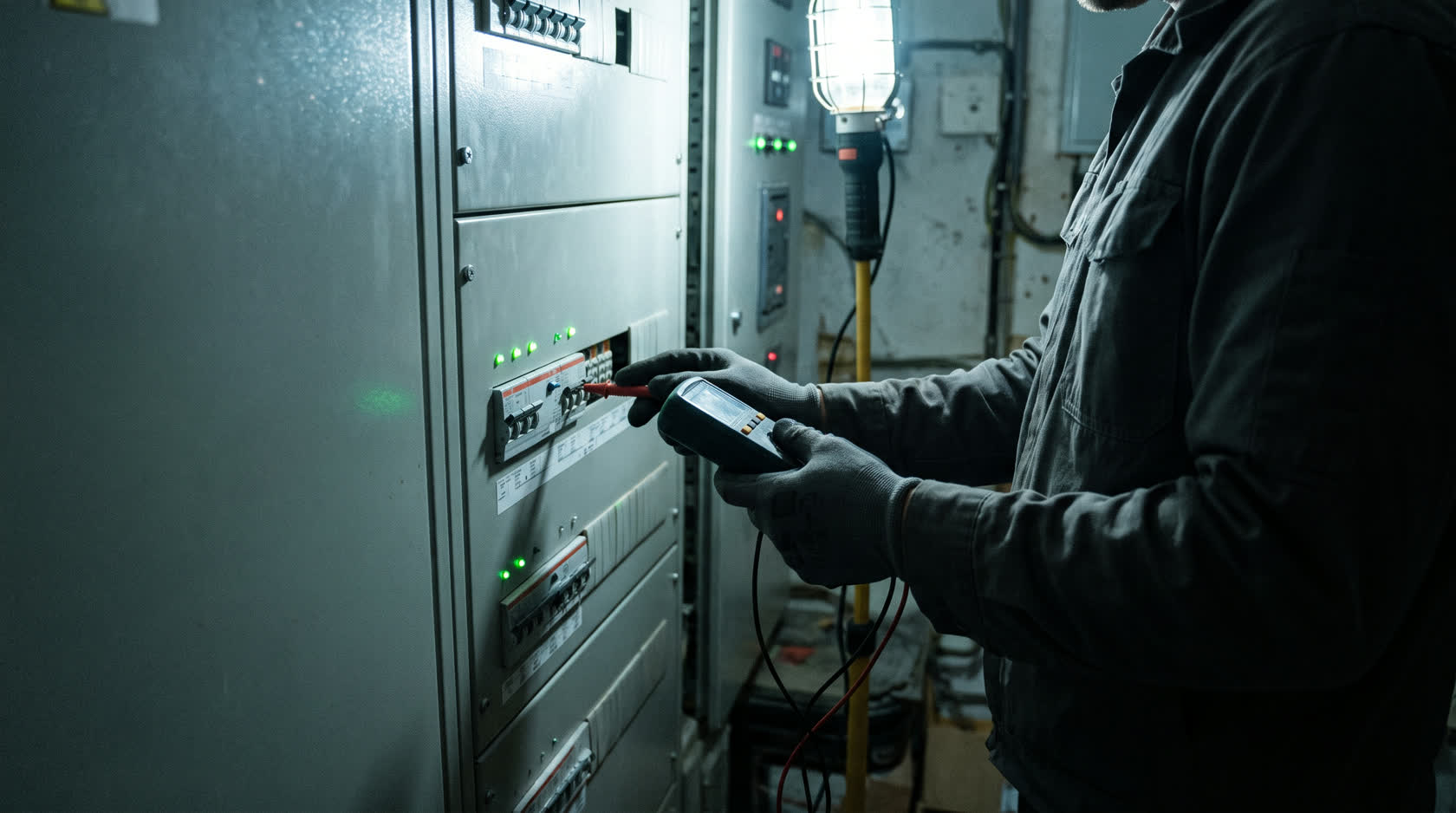 Elektriker prüft mit einem Messgerät einen Verteiler, grüne Status-LEDs leuchten