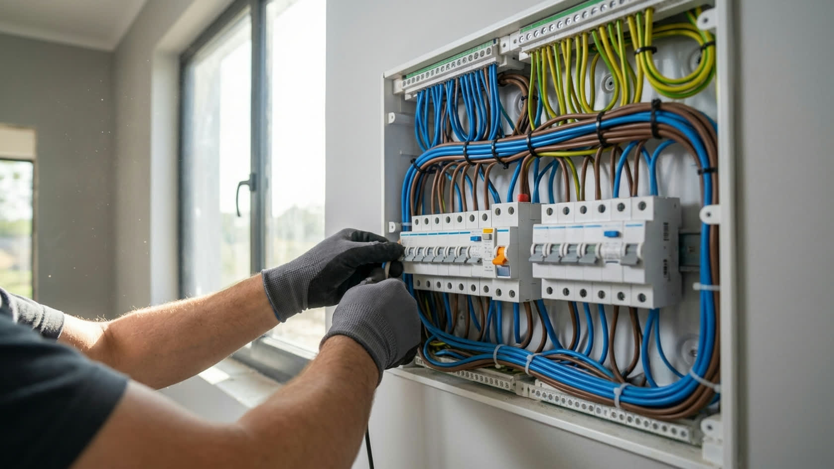 Elektriker verdrahtet einen modernen Verteiler mit sauber verlegten Leitungen, Sicherungsautomaten und FI-Schaltern