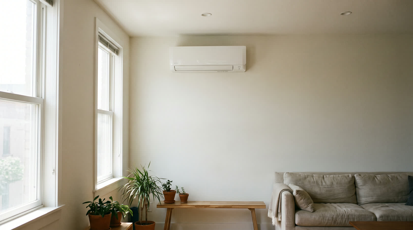 Modernes Split-Klimagerät an der Wand eines hellen Wohnraums