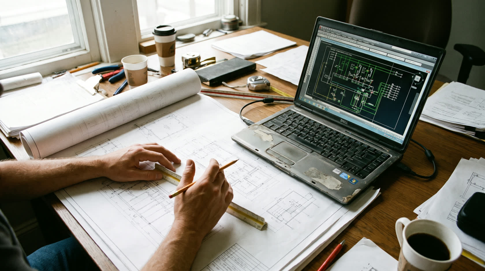Schreibtisch mit Elektroplänen, Laptop mit CAD-Zeichnung und planender Hand