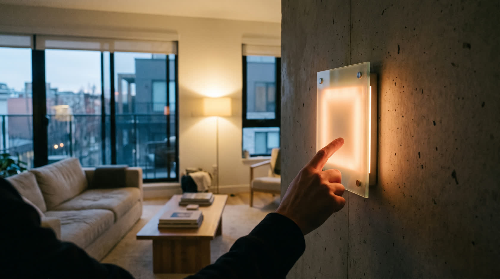 Wandbedienpanel für Smart-Home-Steuerung in einem modernen Wohnraum, per Hand bedient