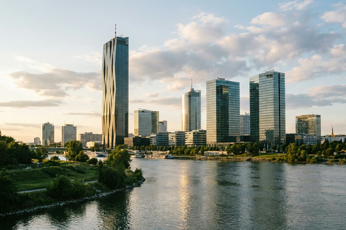 Moderne Glas-Bürohochhäuser einer Gewerbe-Skyline an der Donau in Wien