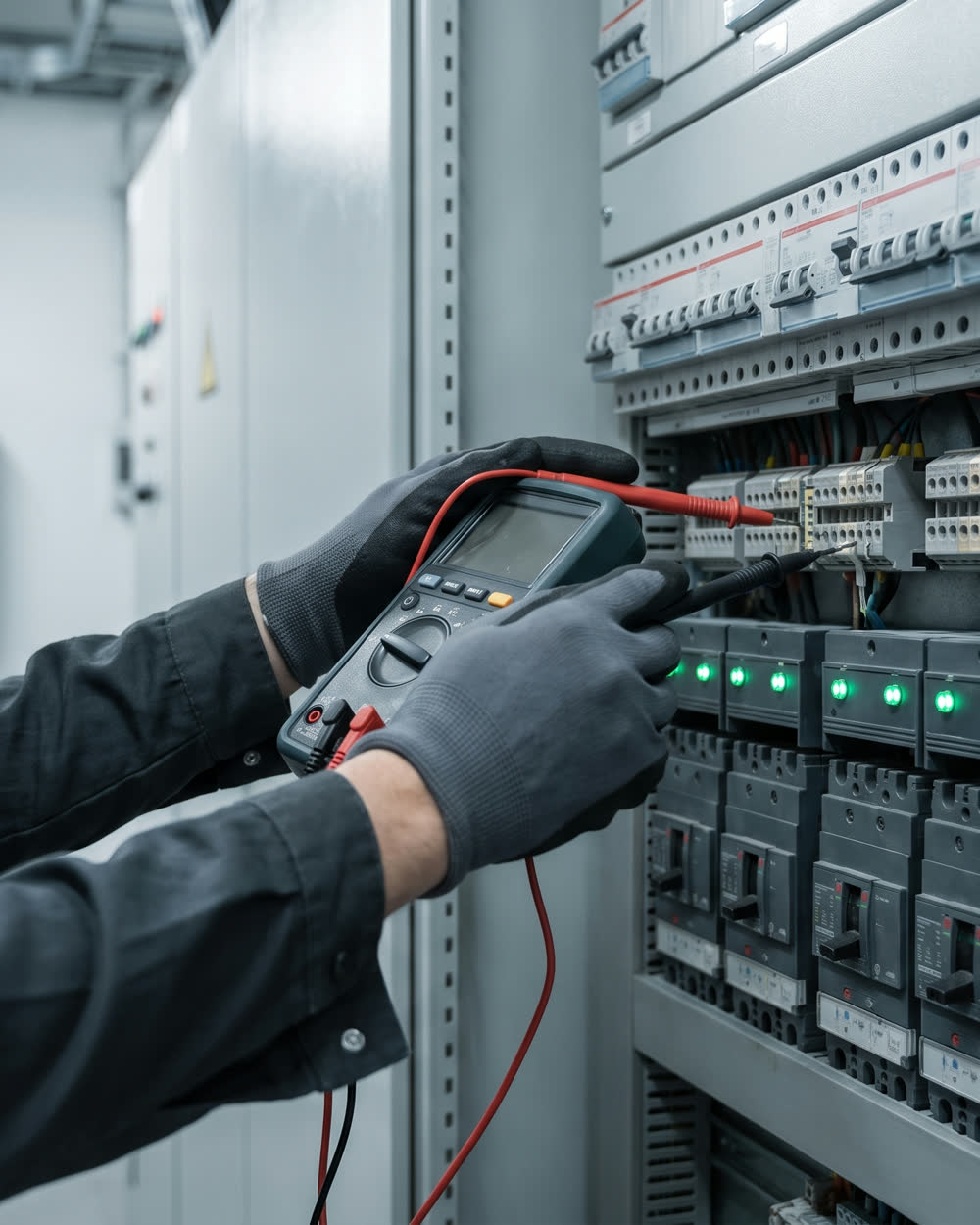 Techniker misst mit einem Multimeter an einem Verteiler mit grünen Status-LEDs
