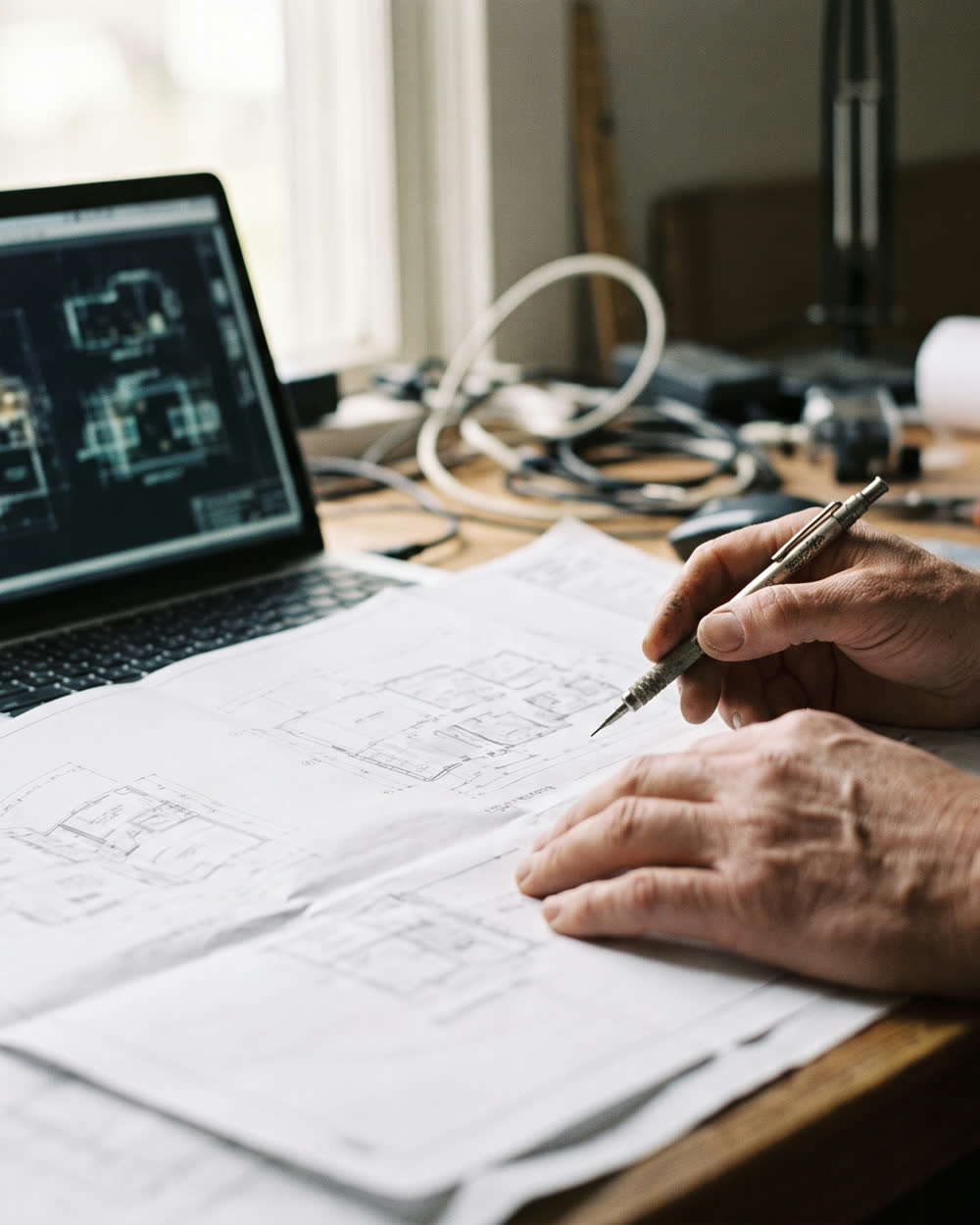 Hand mit Stift über Elektroplänen neben einem Laptop