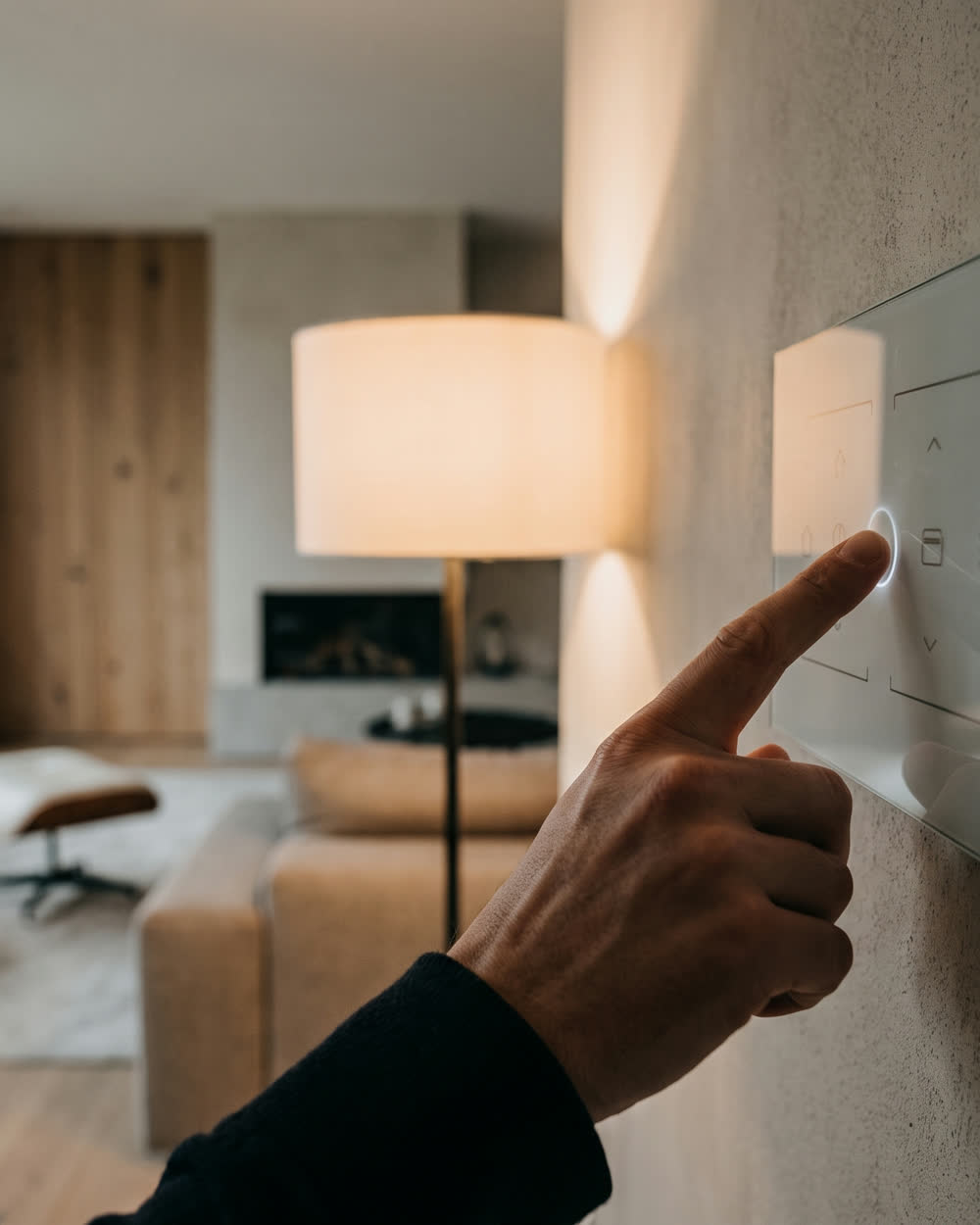 Fingertipp auf ein Smart-Home-Bedienpanel an der Wand