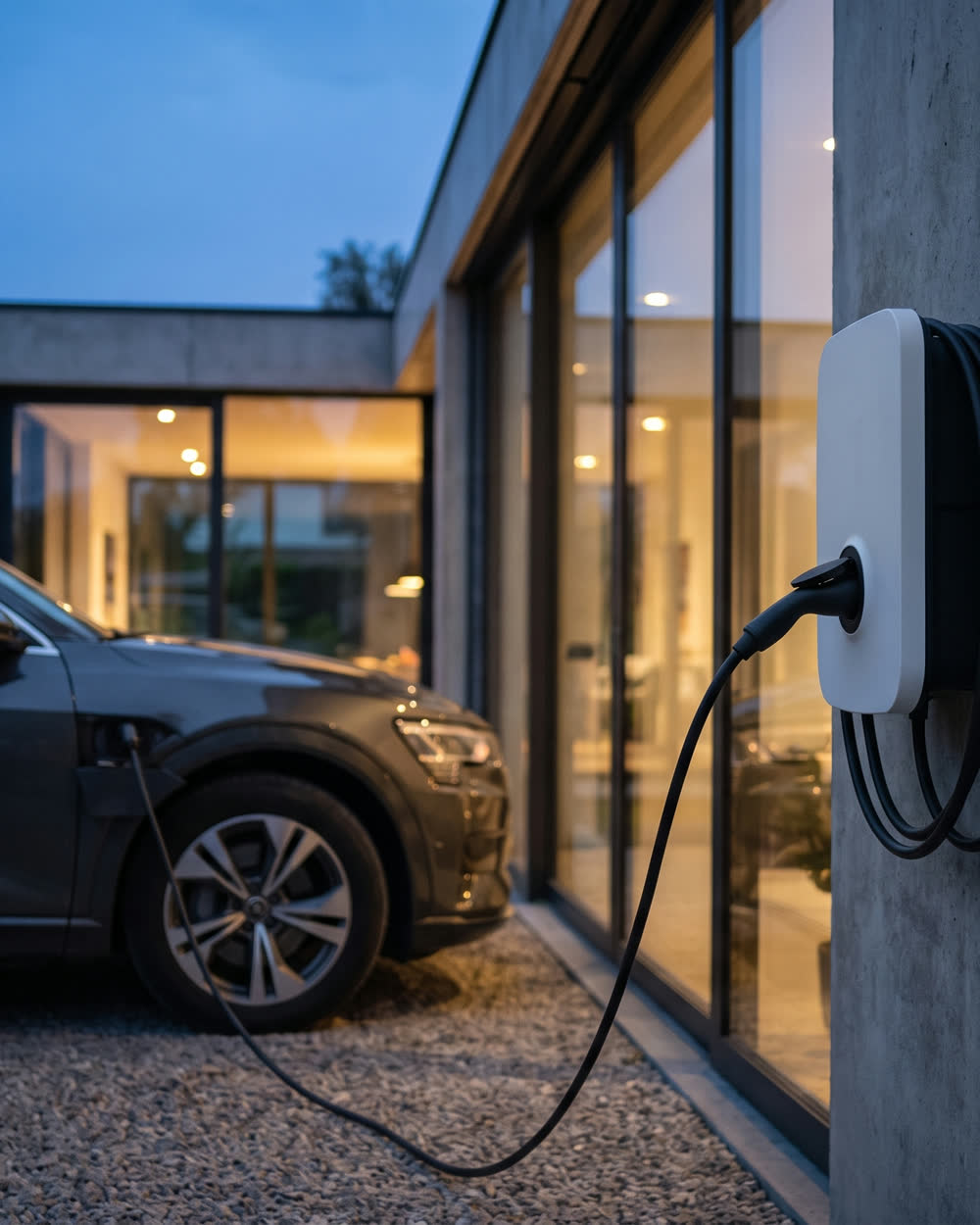 Wallbox lädt ein Elektroauto vor einem modernen Haus